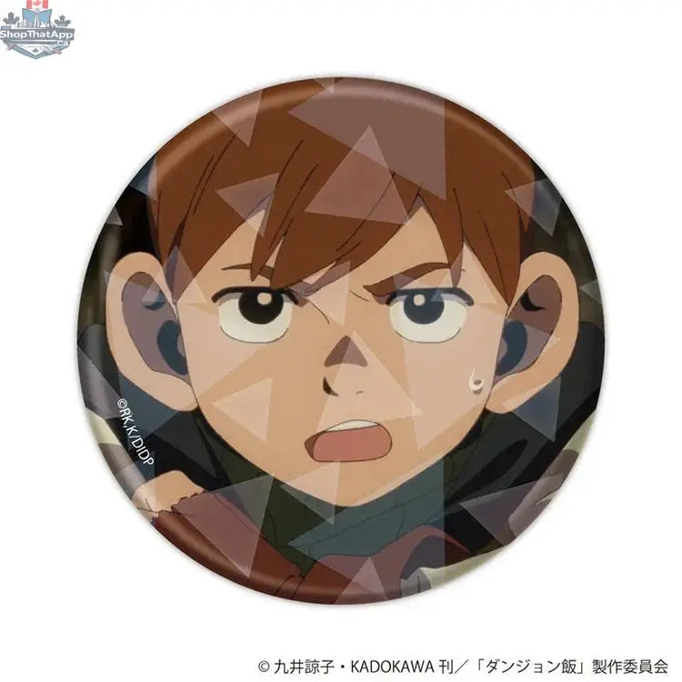 Hologram can badge featuring a scene from Delicious in Dungeon anime, collectible badge by Doki Doki Land, vibrant illustration