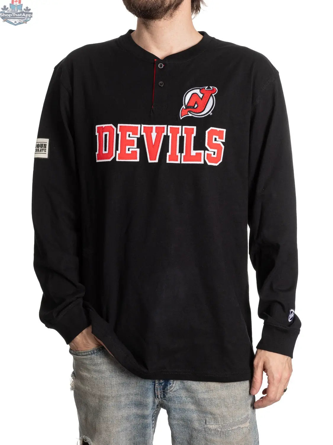 Long sleeve New Jersey Devils Henley shirt by Calhoun Surf N' Skate, featuring team logo and classic hockey team colors.