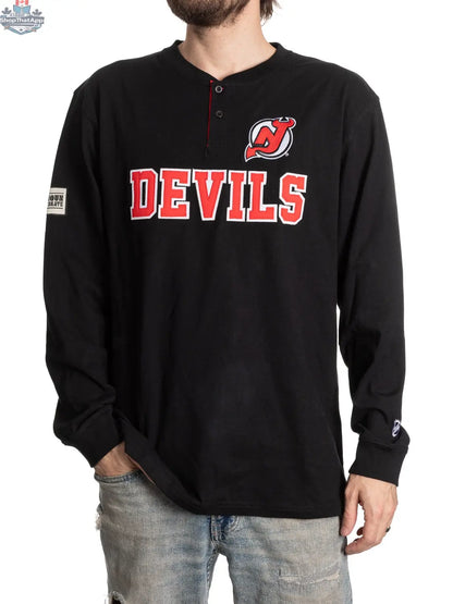 Long sleeve New Jersey Devils Henley shirt by Calhoun Surf N' Skate, featuring team logo and classic hockey team colors.