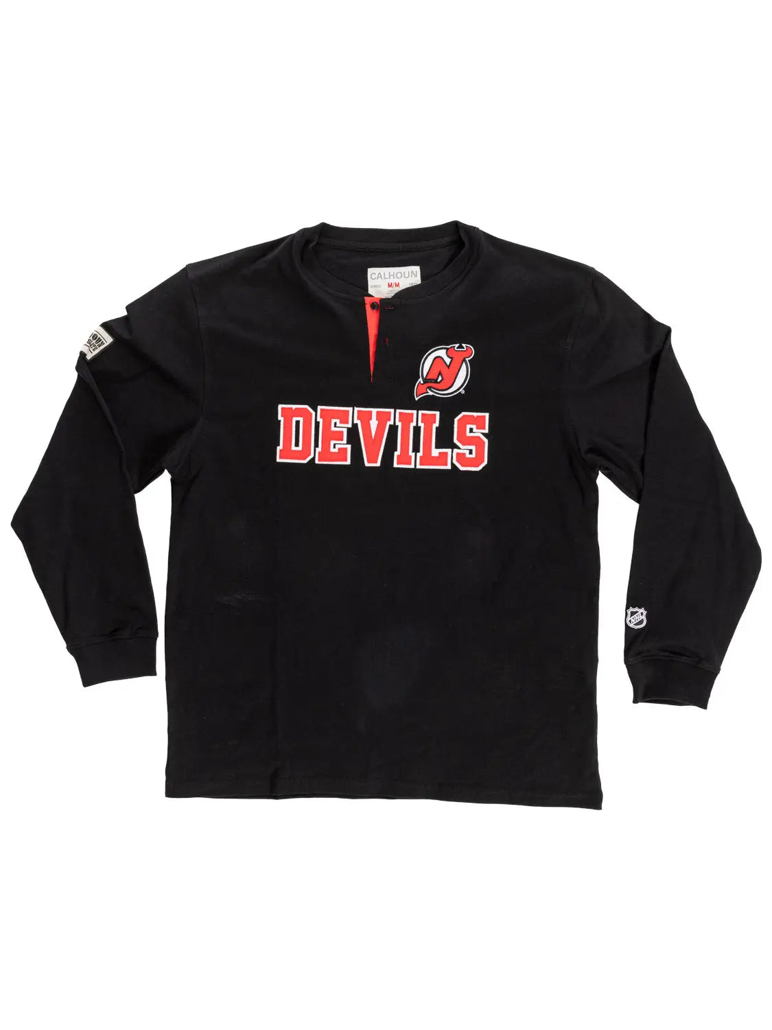 New Jersey Devils long sleeve henley shirt by Calhoun Surf N' Skate, featuring team logo and classic design for fans.