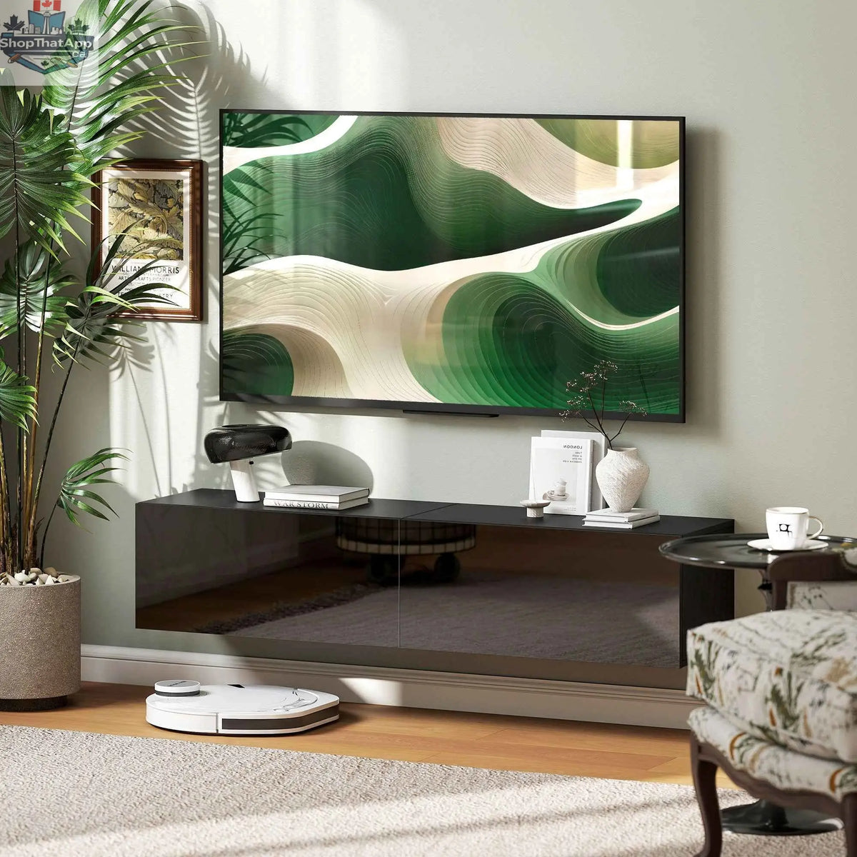 Black Hunter floating TV stand by SLOTH Nation with storage cupboards for TVs up to 65 inches, modern living room furniture.