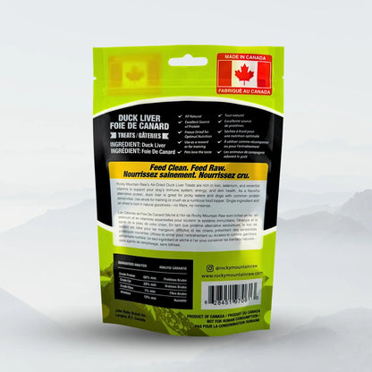 Air dried duck liver treat in 50g pack from Rocky Mountain Raw, showing a close-up of the textured duck liver slices.
