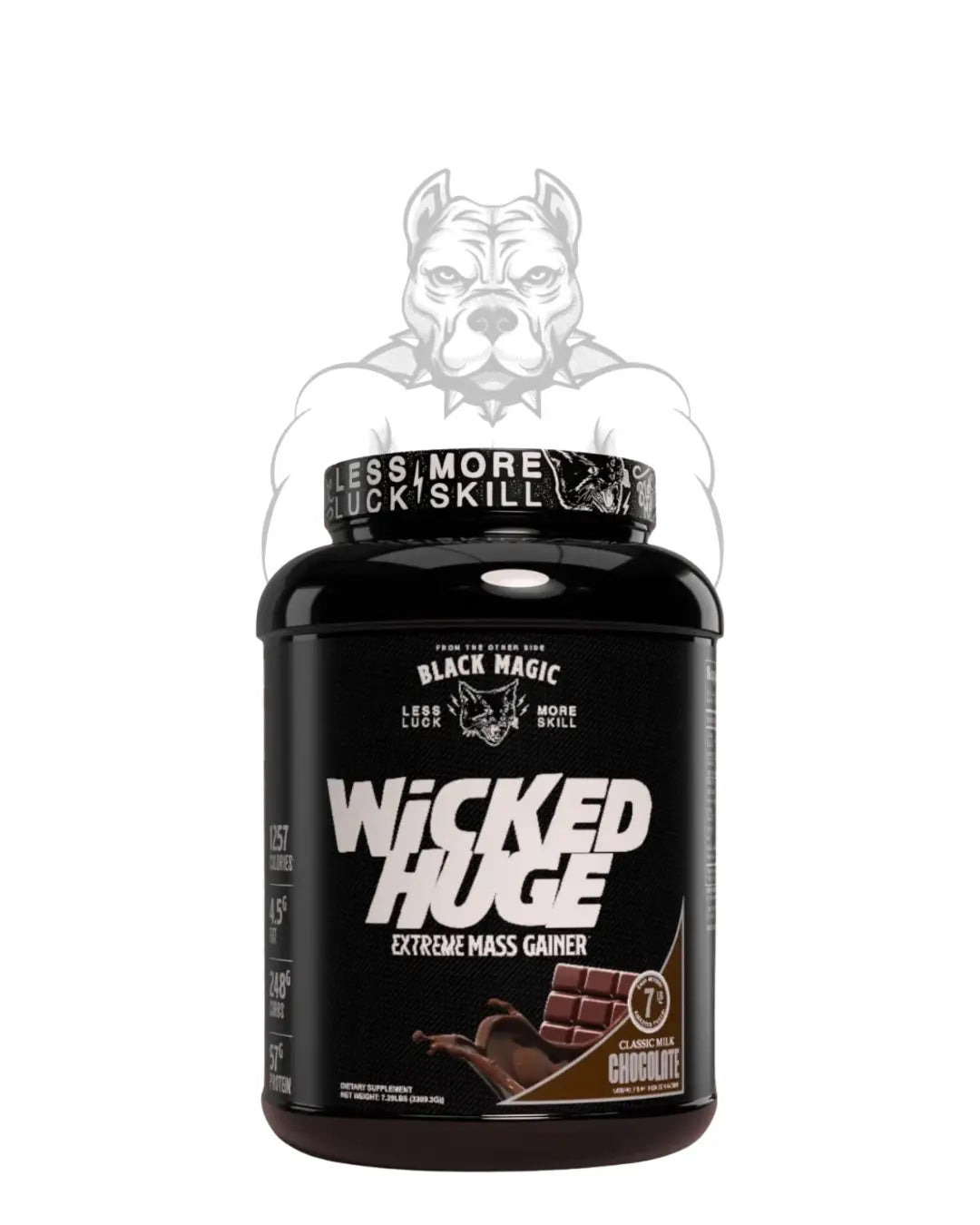 Black Magic Extreme Mass Gainer protein powder by BulkBully Supplements in a black and white container, designed for muscle growth.