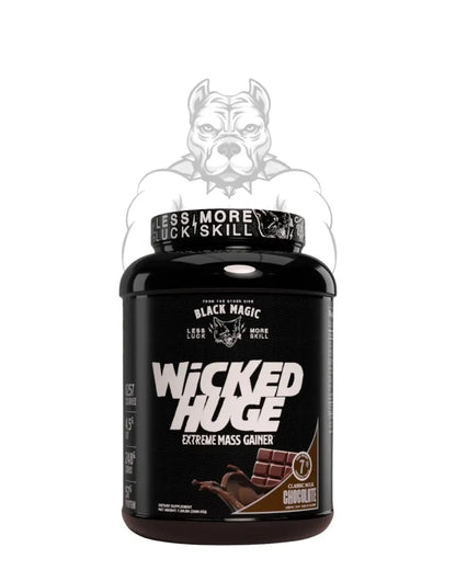 Black Magic Extreme Mass Gainer protein powder by BulkBully Supplements in a black and white container, designed for muscle growth.