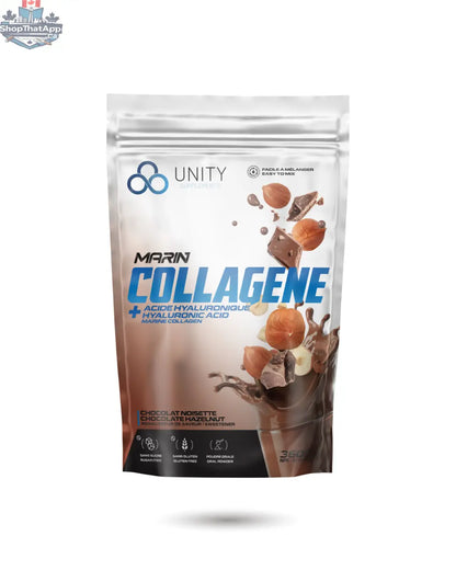 Unity Chocolate Collagen creamer by BulkBully Supplements, showing creamy powder with chocolate flavor for skin health and joint flexibility