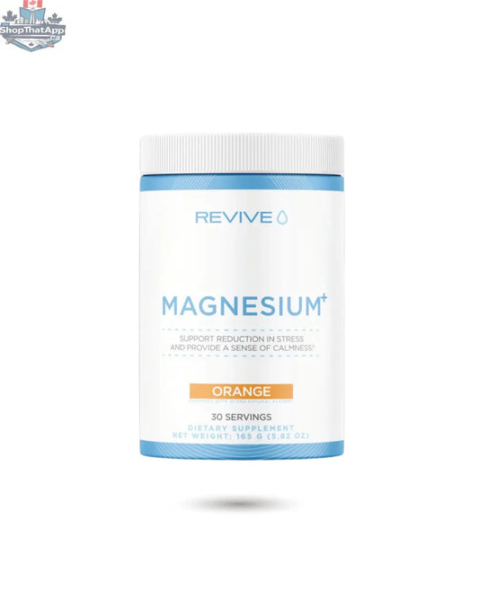 Revive Magnesium Plus flavored magnesium supplement by BulkBully Supplements, showing colorful powder in a container for energy and relaxation.