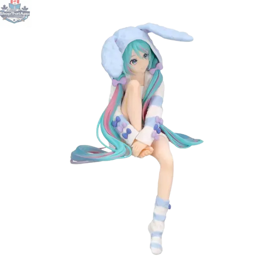 Hatsune Miku noodle stopper figure in blue rabbit ear hood pajamas by Hawk Collectibles, anime character pose and detailed costume.
