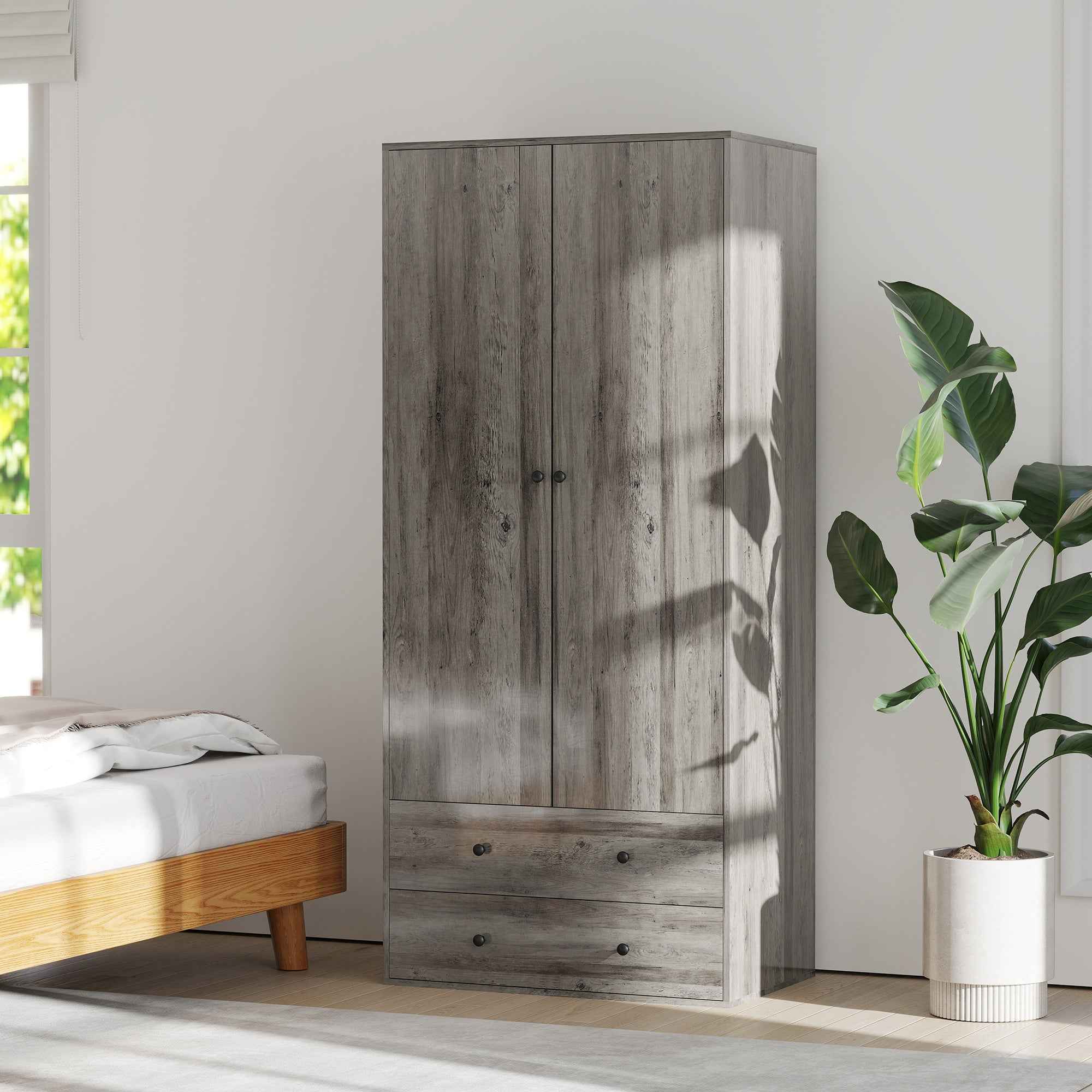 Briar Wardrobe Closet-Armoire with 2 Drawers and Hanging Rod-Grey
