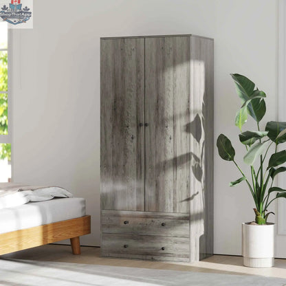 Grey Briar wardrobe closet armoire with two drawers and hanging rod, bedroom furniture by SLOTH Nation.