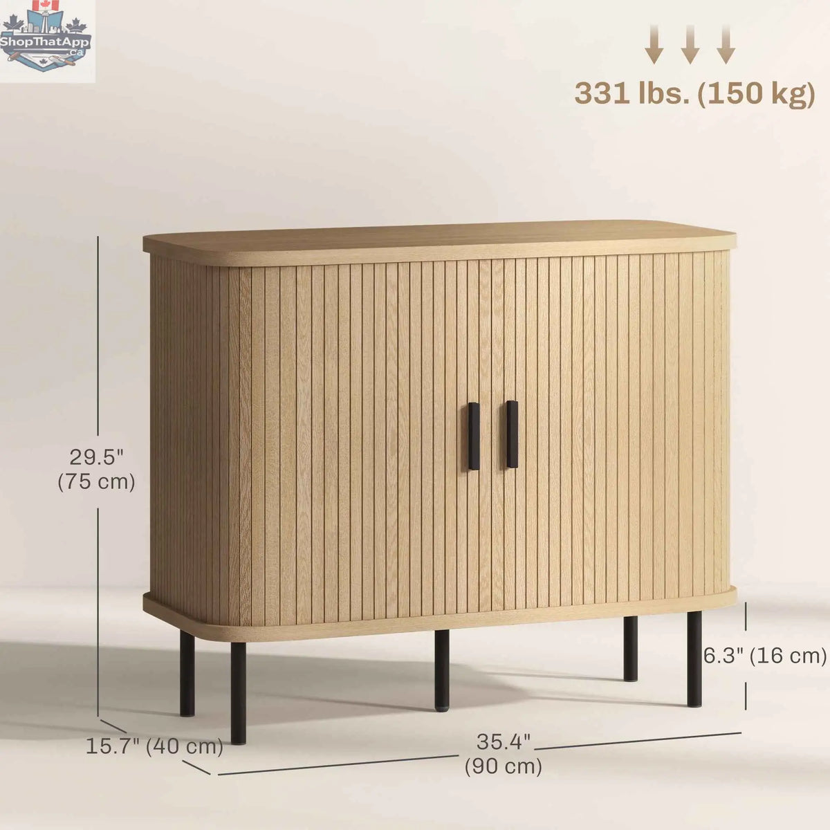 SLOTH Nation Aspen sideboard cabinet with oak finish and slatted tambour doors, 35.4-inch storage for modern living spaces