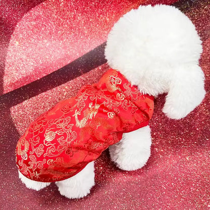 Lucky Bloom Chinese New Year Dog Shirt | Red & Gold Cheongsam-Inspired Top - Shopthatapp.ca