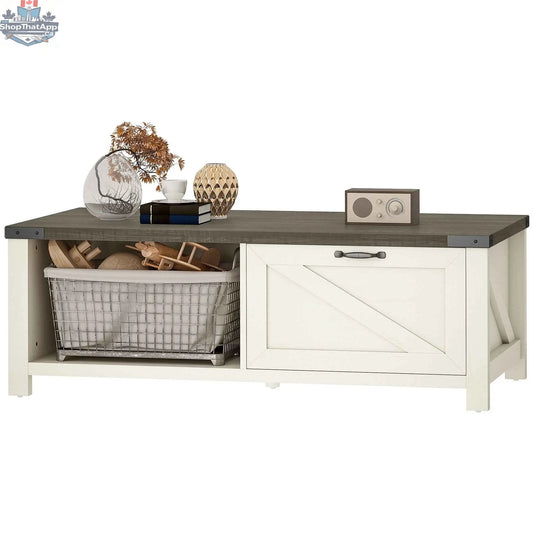 Distressed grey and white farmhouse coffee table with drawer and open storage shelf by SLOTH Nation.
