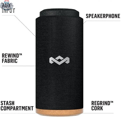 House of Marley waterproof No Bounds Sport speaker in black, showing rugged design and portable features.