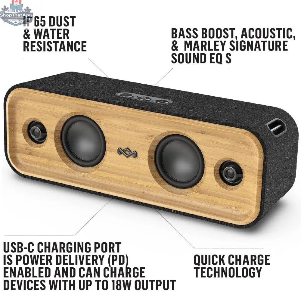 House of Marley Get Together 2 wireless Bluetooth speakers in black, showing the compact design and fabric-covered exterior.