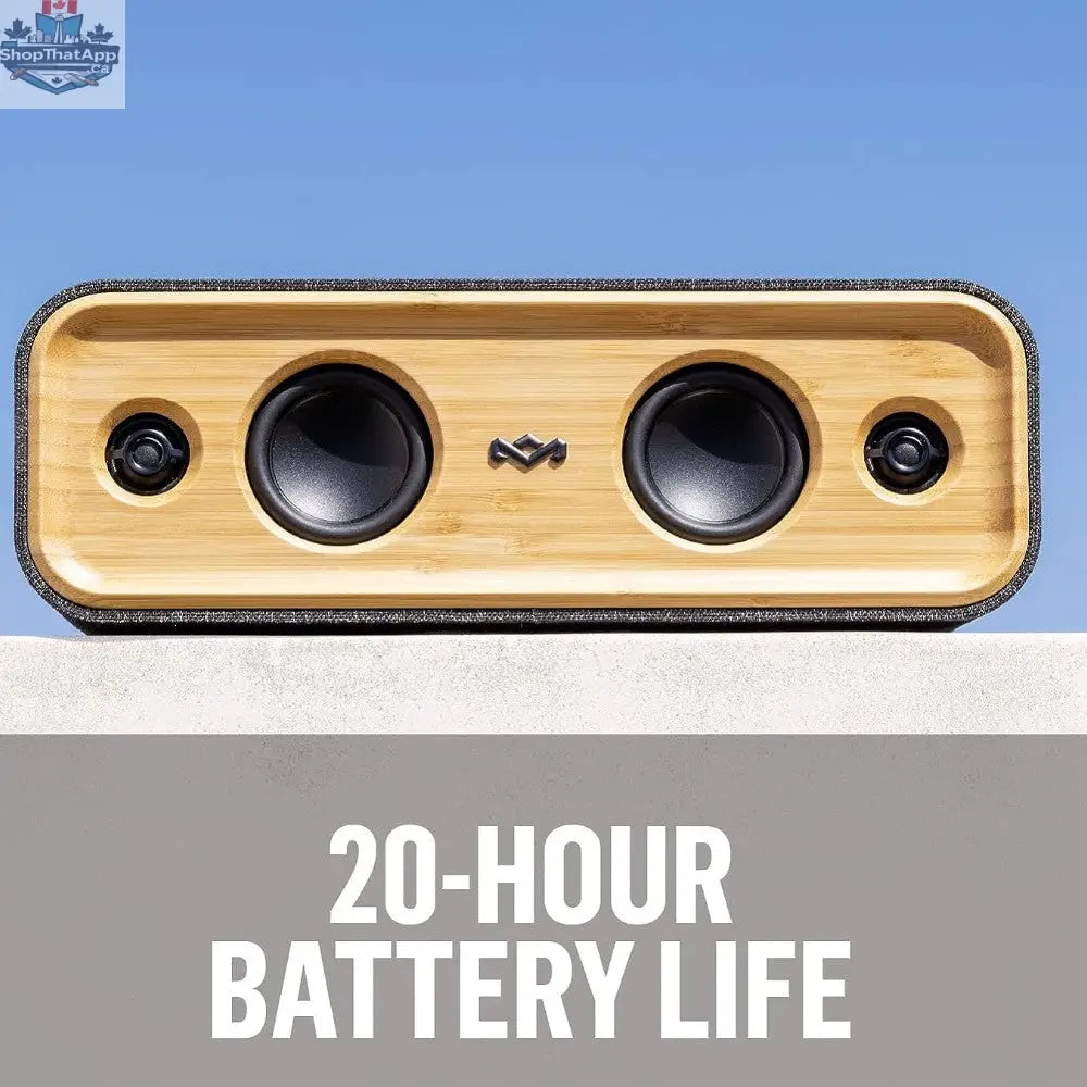 House of Marley Get Together 2 Bluetooth speaker in black with fabric cover, compact design, and control buttons on top.
