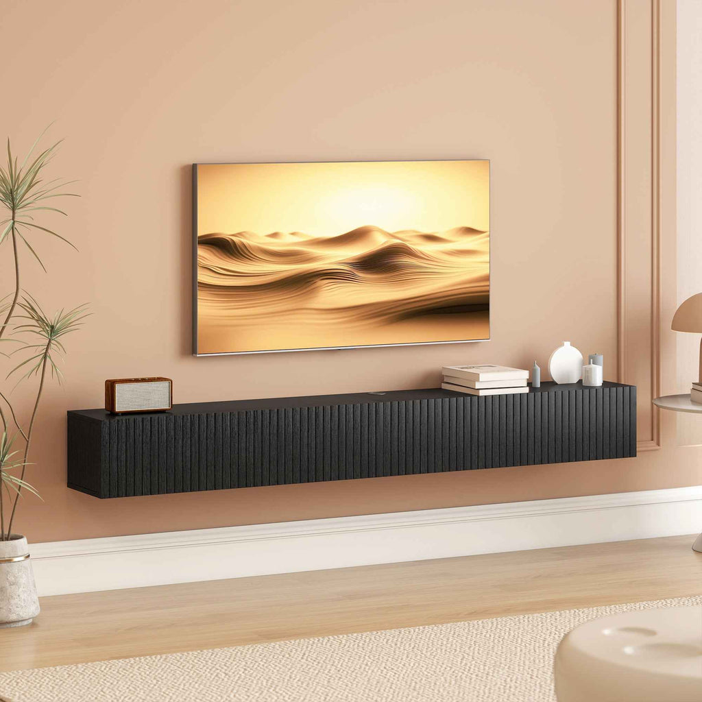 Jesse 71" Floating TV Stand with 2 Fluted Flip-Down Doors for TVs up to 75"-Black