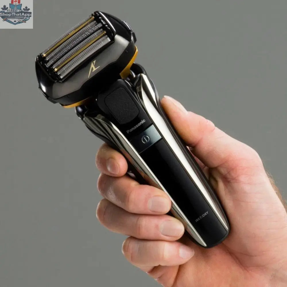 Refurbished Panasonic Wet-Dry Shaver ESLV6Q with smart lock, shown with charging stand and shaver head, on a white background.