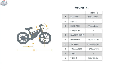 E-Vélo EUNORAU QUEBEC EKIDS16 1.0 electric bicycle with black frame, ergonomic handlebars, and battery pack for kids.