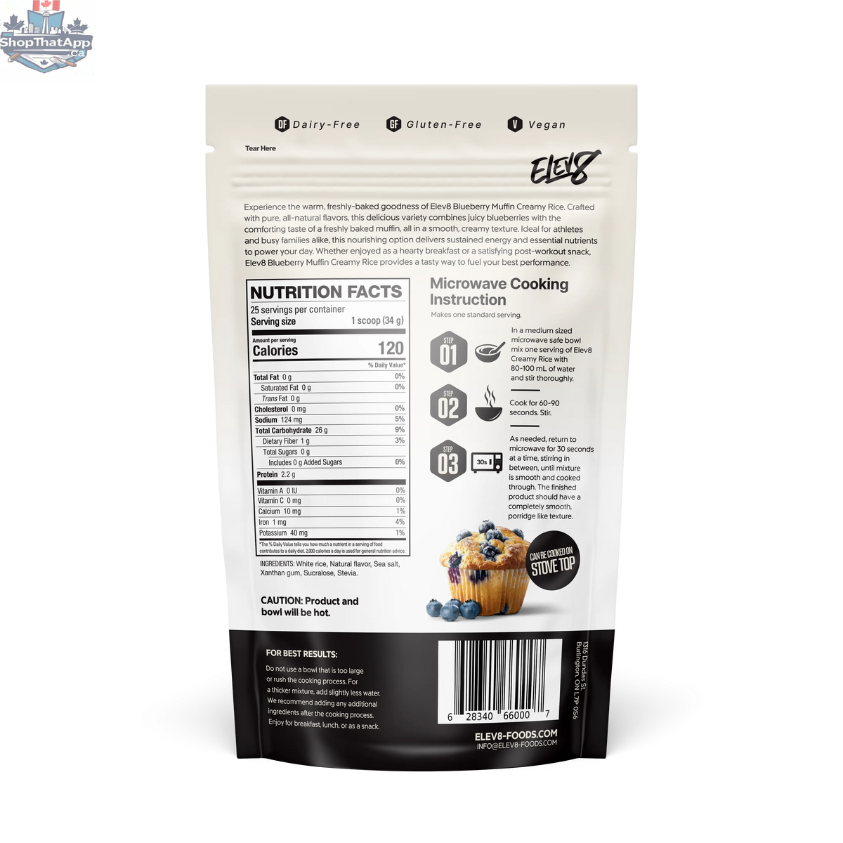 Elev8 Cream of Rice blueberry muffin flavor in a bowl, showcasing a creamy rice porridge with blueberry muffin swirls and toppings.