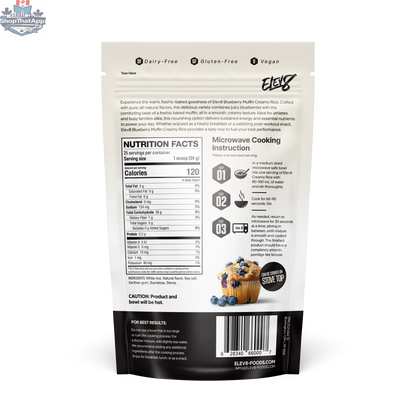 Elev8 Cream of Rice blueberry muffin flavor in a bowl, showcasing a creamy rice porridge with blueberry muffin swirls and toppings.