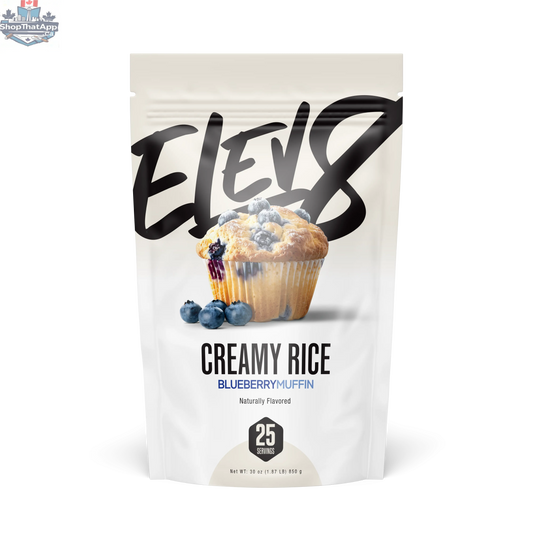 Cream of Rice blueberry muffin flavor by Elev8, showing a close-up of the prepared blueberry muffin cream of rice dish.