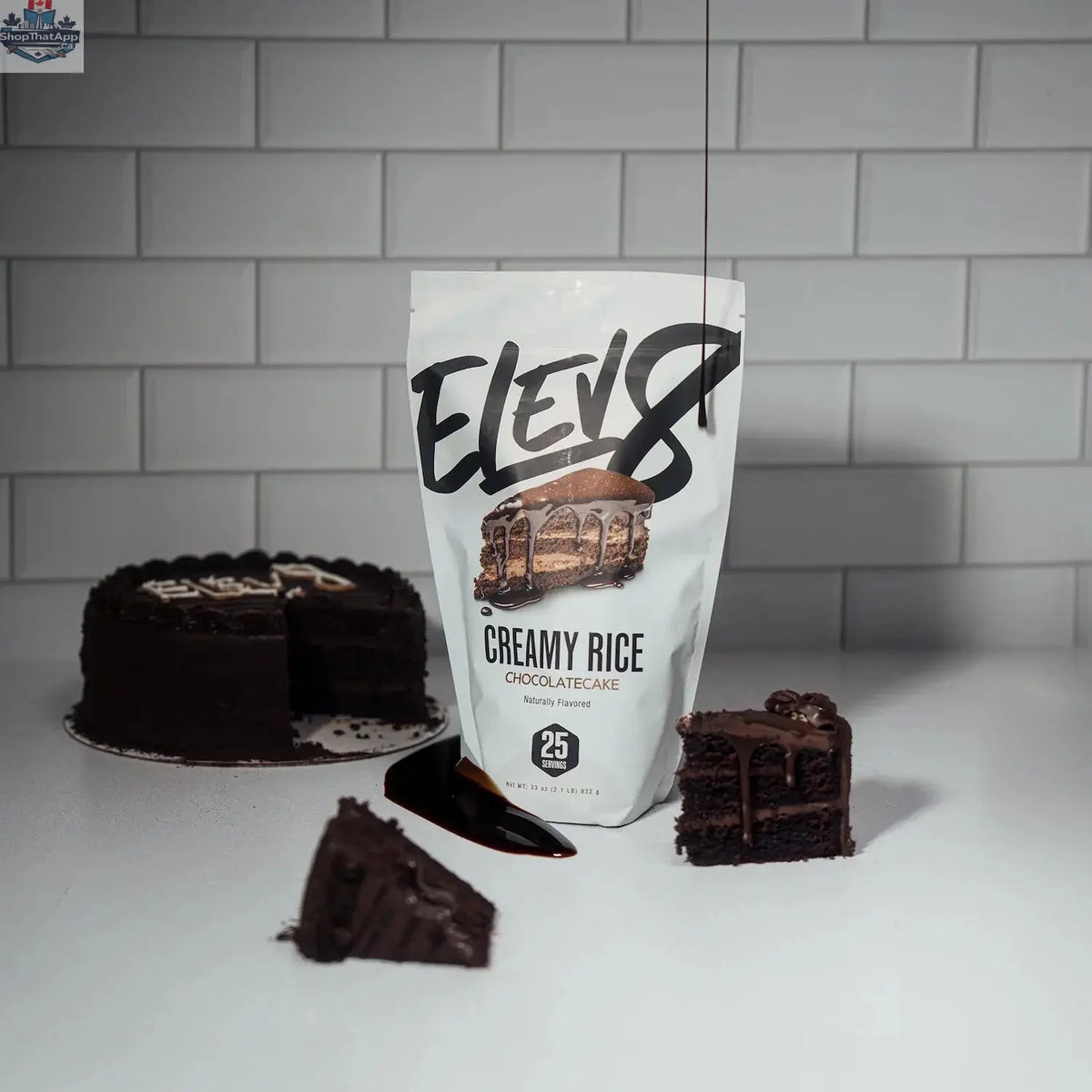 Cream of rice chocolate cake recipe by Elev8, showcasing a rich, indulgent chocolate cake with creamy frosting and chocolate decorations.