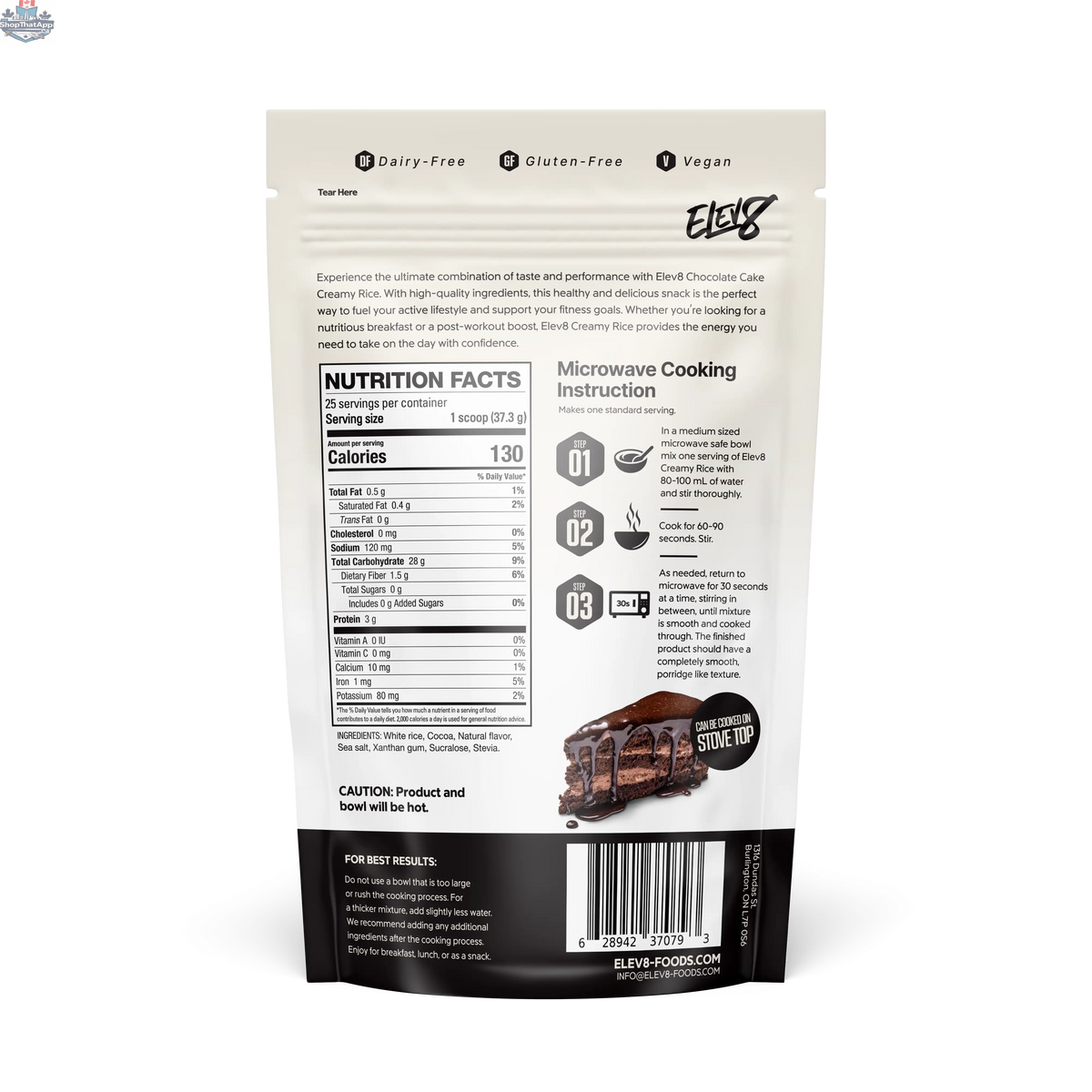 Cream of rice chocolate cake recipe by Elev8 featuring rich chocolate layers and creamy texture in a visually appealing presentation.