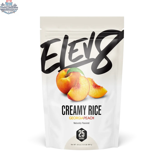 Elev8 Peach Cream of Rice with sweet, juicy peach fragrance, showcasing a creamy rice product in a front view image.