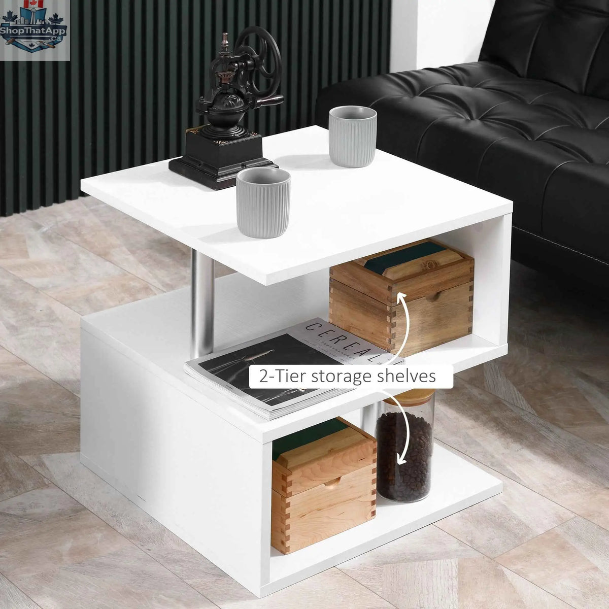 Caelan wooden S-shape end table with three-tier white storage shelves from SLOTH Nation, showcasing modern furniture design.