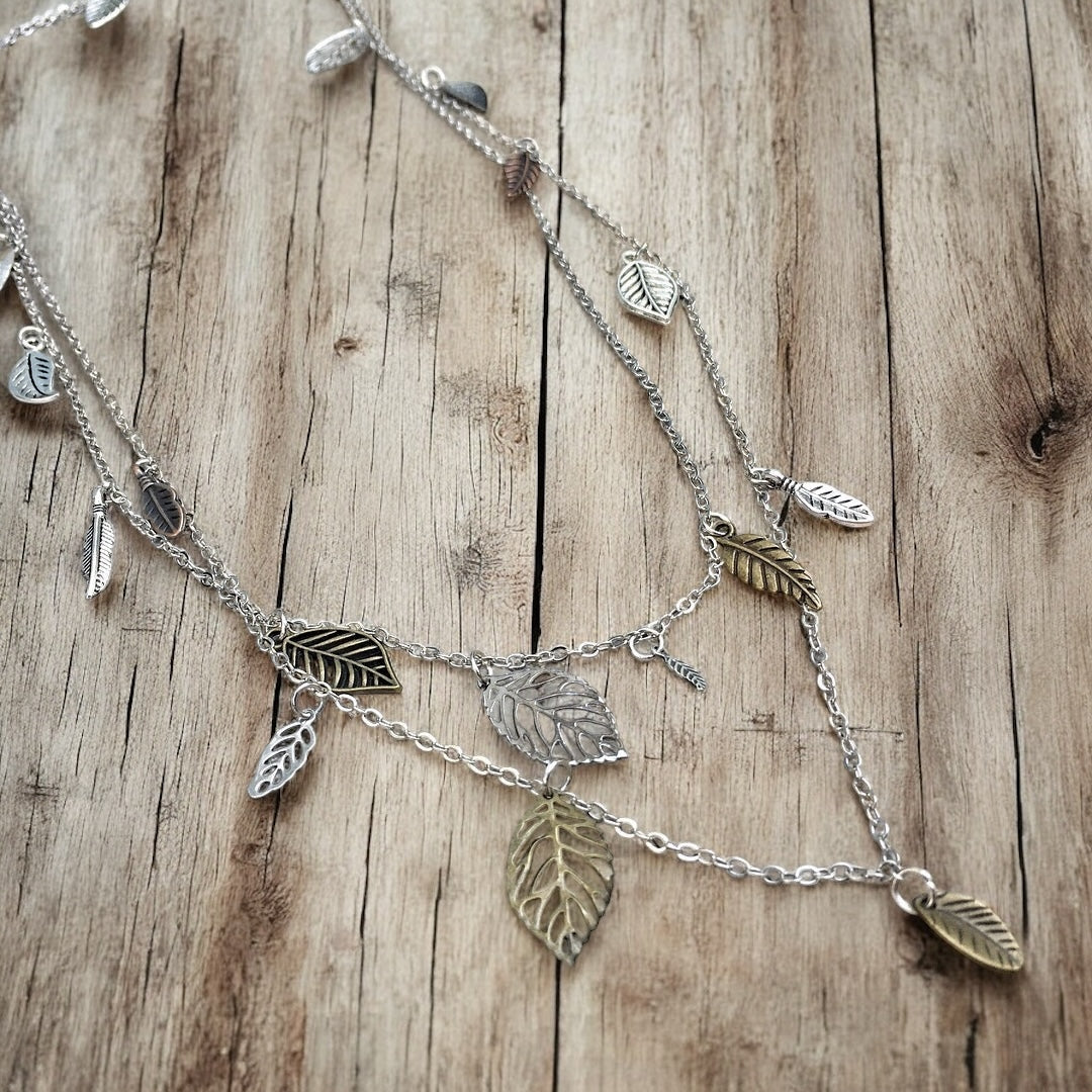 Waterfall Leaf Necklace – Long Layering Chain with Cascading Silver & Mixed Metal Leaves - Shopthatapp.ca