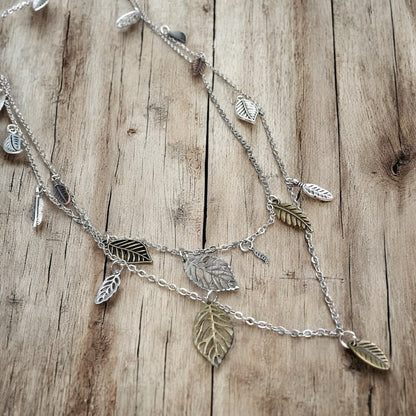 Waterfall Leaf Necklace – Long Layering Chain with Cascading Silver & Mixed Metal Leaves - Shopthatapp.ca