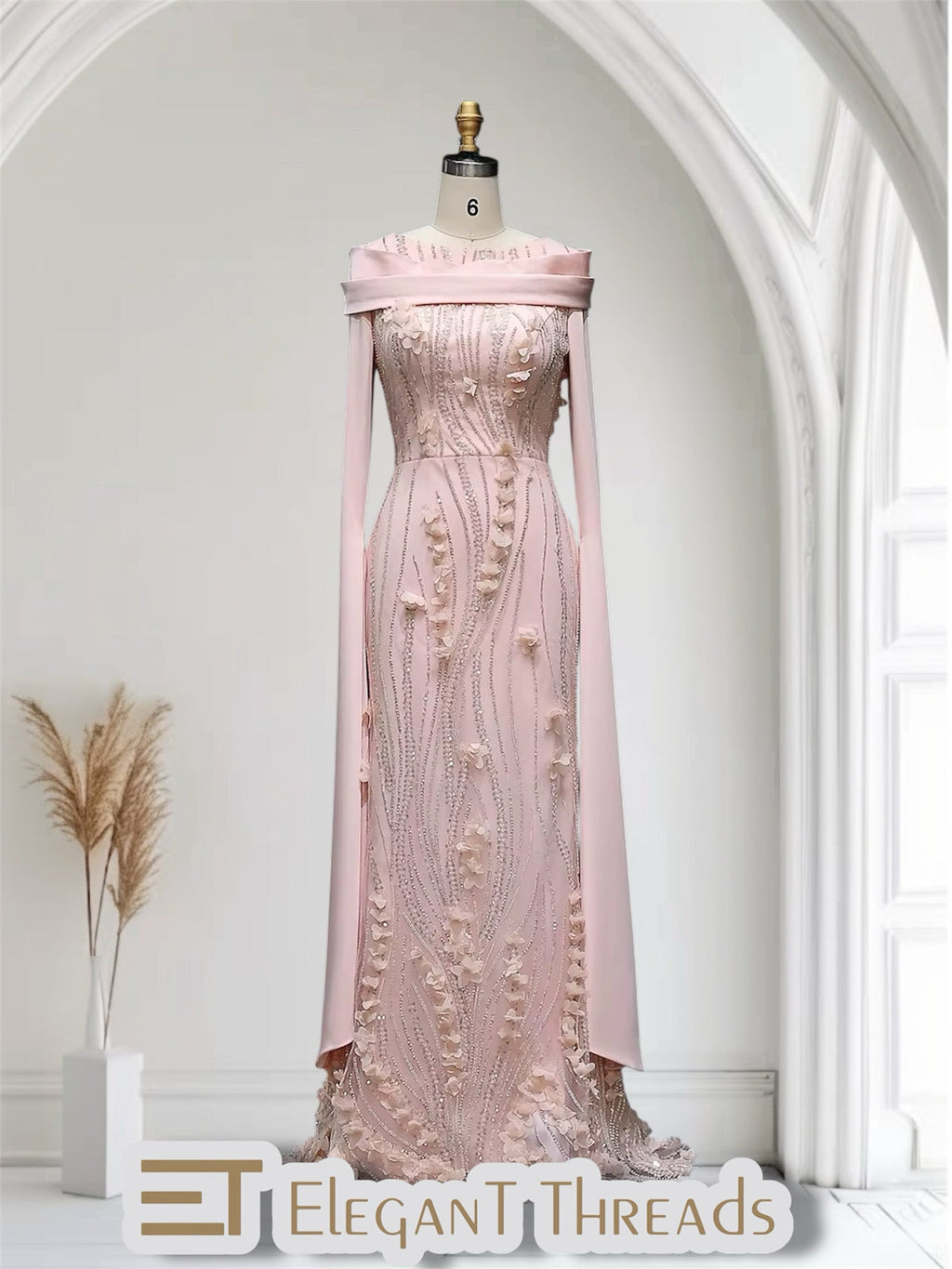 Floral Cape sleeves modest evening gown - Www.Shopthatapp.ca