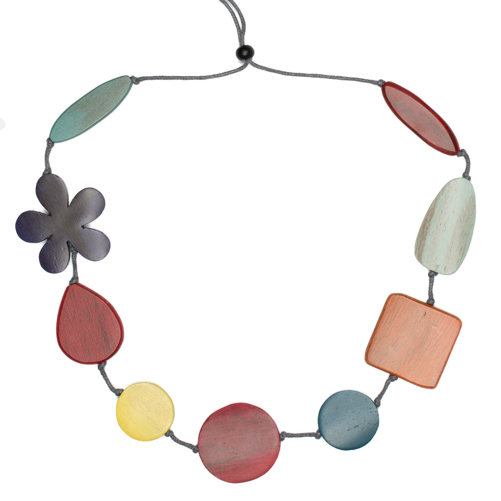Tinted Wood Flower Necklace with Mixed Shapes and Colors - Shopthatapp.ca