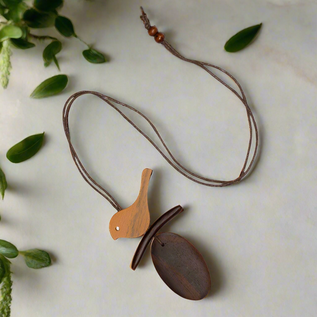 Tinted Wood Bird Necklace on Branch - Unique Nature-Inspired Jewelry - Shopthatapp.ca