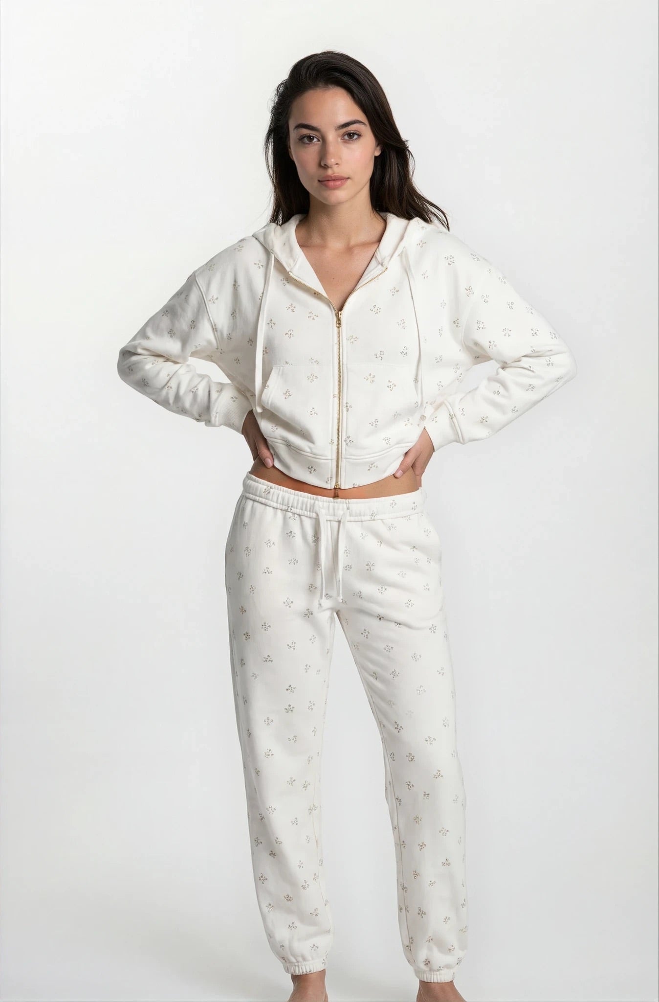 Camille Cotton Floral Zip Hoodie Jogger Set 2PC Leisure Outfit - Shopthatapp.ca