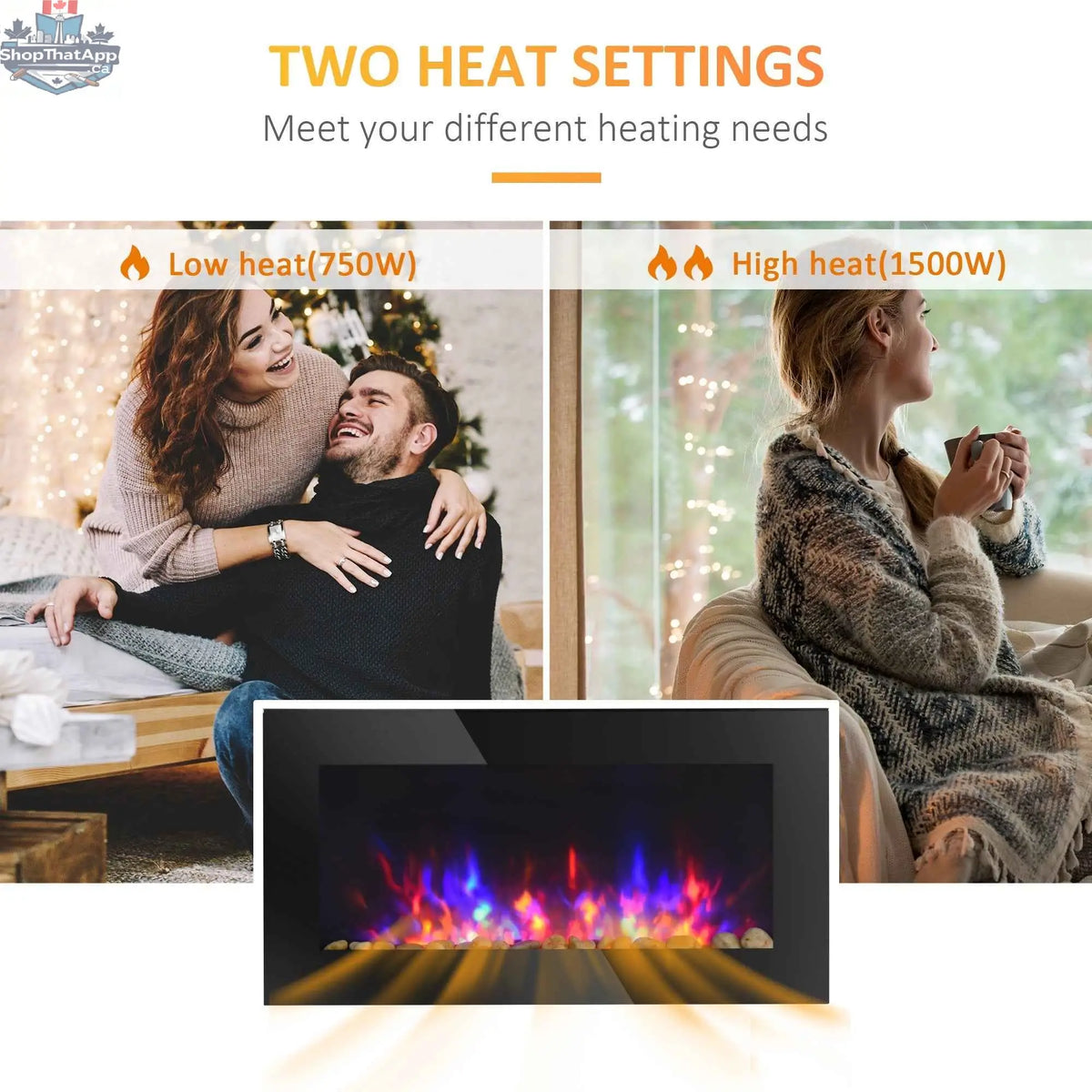 SLOTH Nation Marley electric fireplace heater, 36-inch slim freestanding or wall-mounted with eco mode in a modern living room setting.