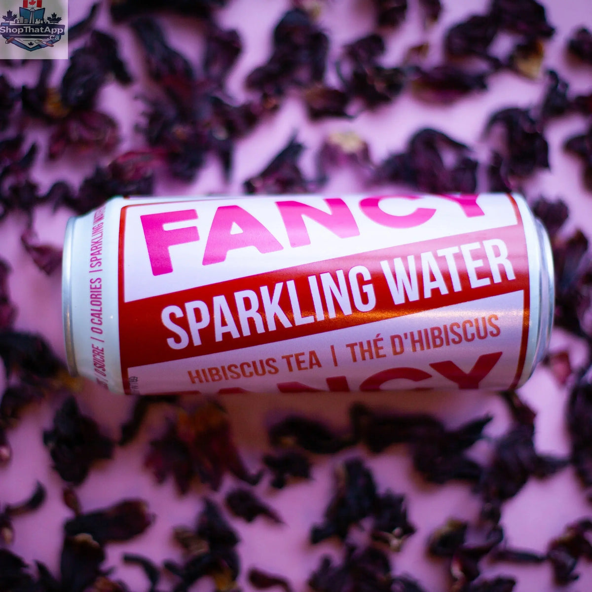 Side view of Fancy Sparkling Water's Hibiscus Berry Sparkling Tea in a clear glass, showcasing its vibrant red color and effervescent bubbles.