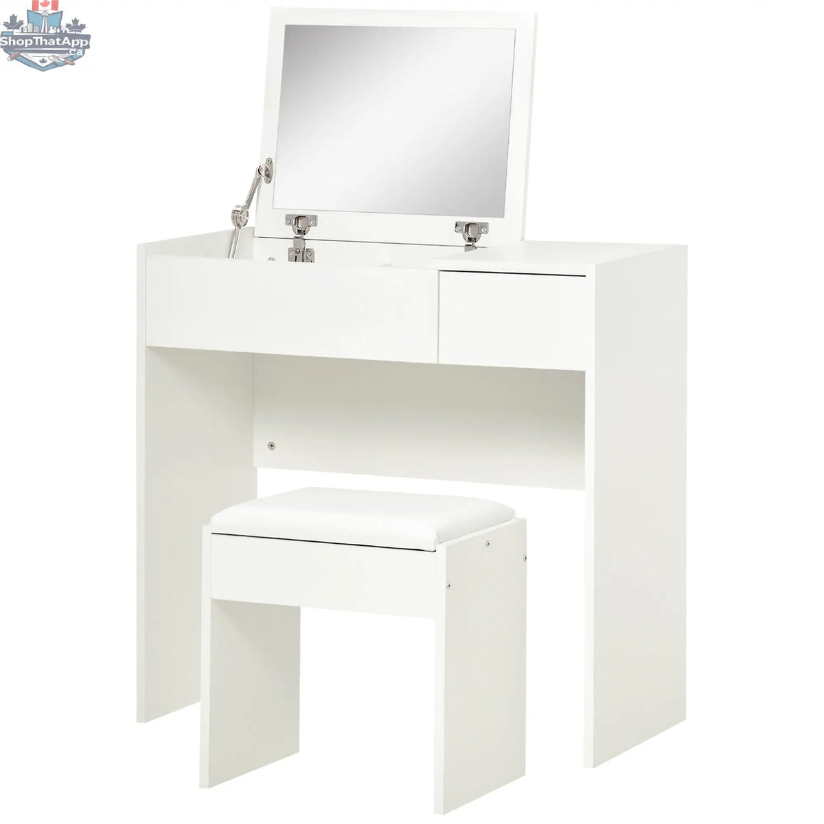 White Mia modern vanity set with flip top mirror, stylish bedroom furniture by SLOTH Nation, featuring a sleek design and ample storage.