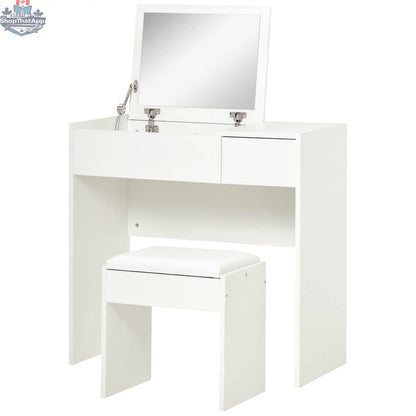 White Mia modern vanity set with flip top mirror, stylish bedroom furniture by SLOTH Nation, featuring a sleek design and ample storage.