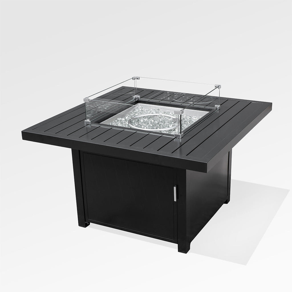Outdoor Black Aluminum Square Fire Pit Table with Wind Guard & Cover