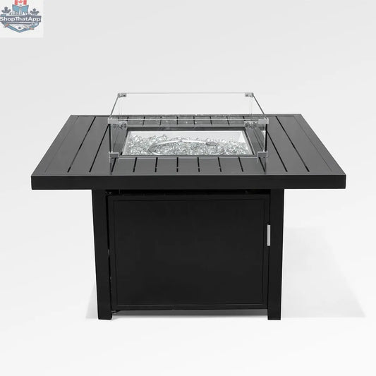 Black aluminum fire pit table with wind guard and cover, outdoor Enclover accessories, front view showing sleek design and safety features.