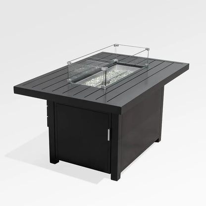 Black rectangular outdoor aluminum fire pit table with wind guard and cover, designed by Enclover for outdoor accessories.