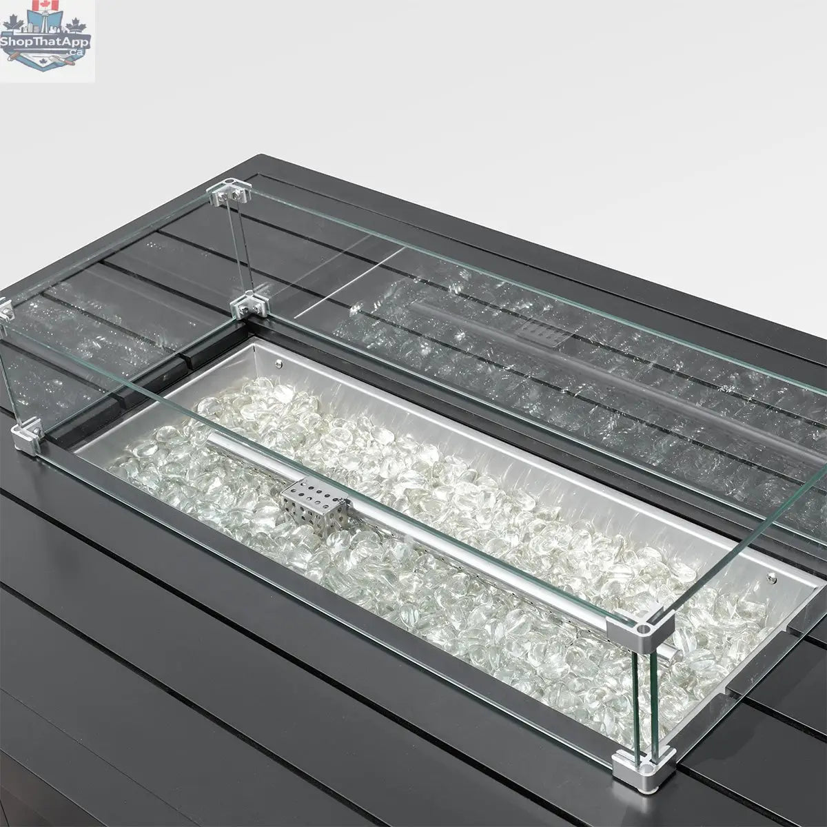 Black rectangular outdoor aluminum fire pit table with wind guard and cover, designed by Enclover, shown with detailed features.