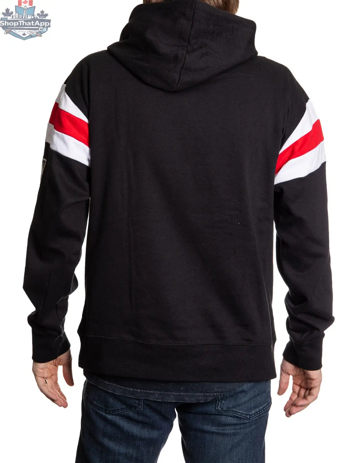 Calgary Flames varsity style hoodie by Calhoun Surf N' Skate, showing the back with Flames logo and retro sports design.