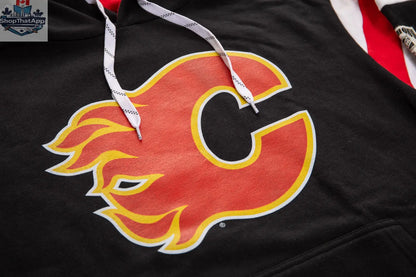 Calhoun Surf N' Skate Calgary Flames retro varsity hoodie with team logo and detailed fabric close-up for ultimate fan comfort.