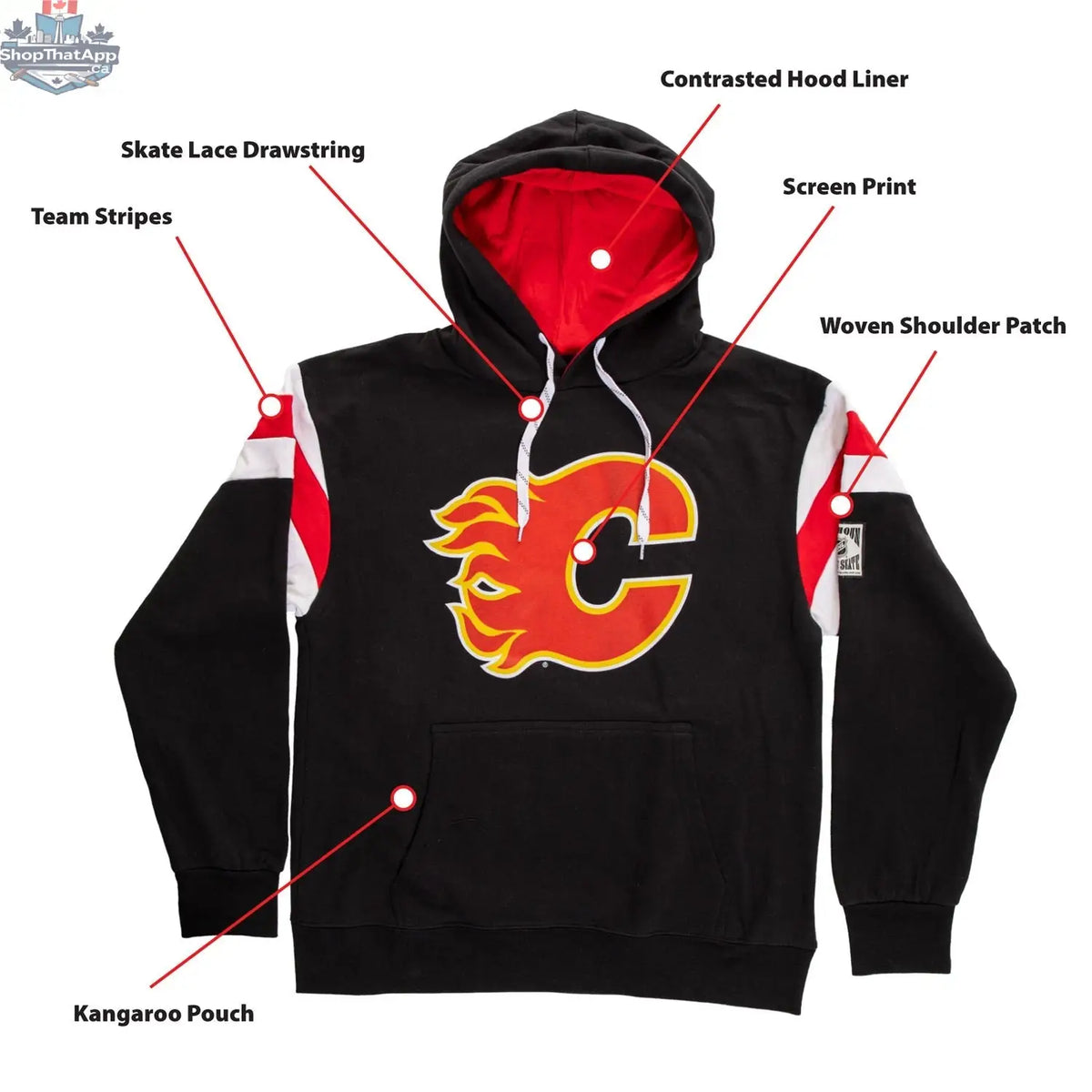 Calhoun Surf N' Skate Calgary Flames retro varsity hoodie with team logo and detailed stitchwork, ideal for passionate hockey fans.