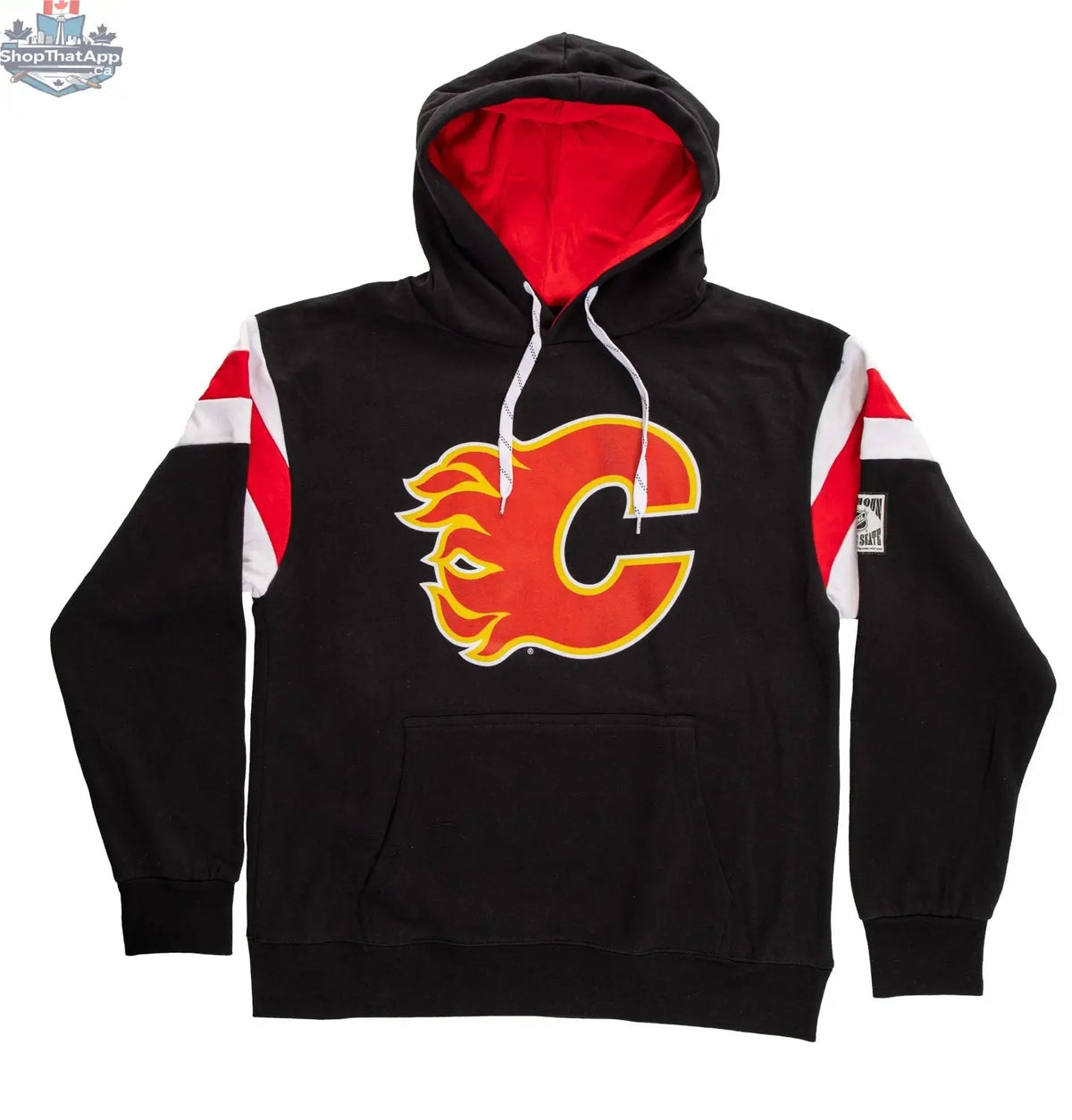 Calgary Flames retro varsity style hoodie by Calhoun Surf N' Skate, featuring team logo and classic design, shown laid flat.
