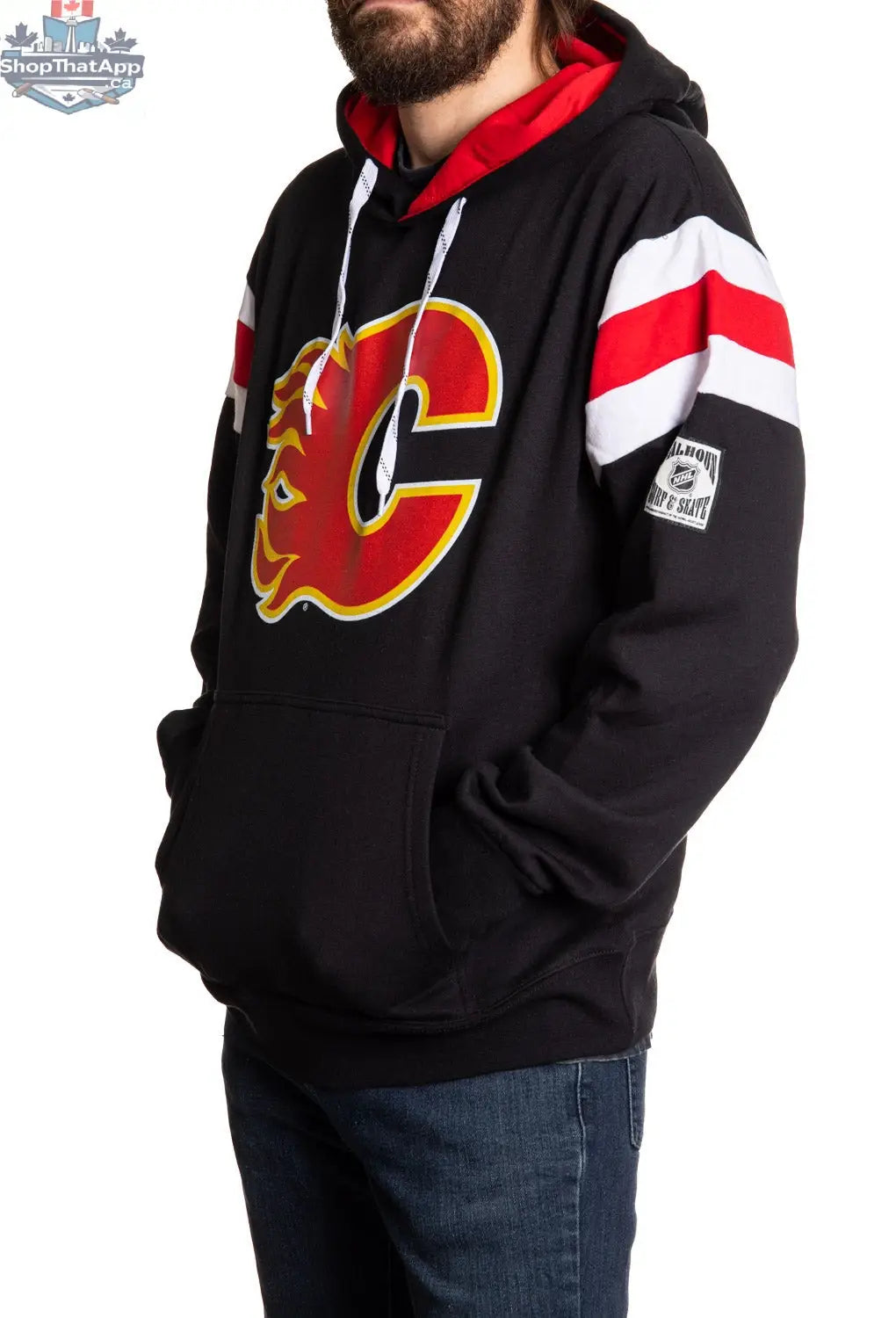Calhoun Surf N' Skate Calgary Flames retro varsity hoodie showing side view, featuring team logo and classic sportswear style.