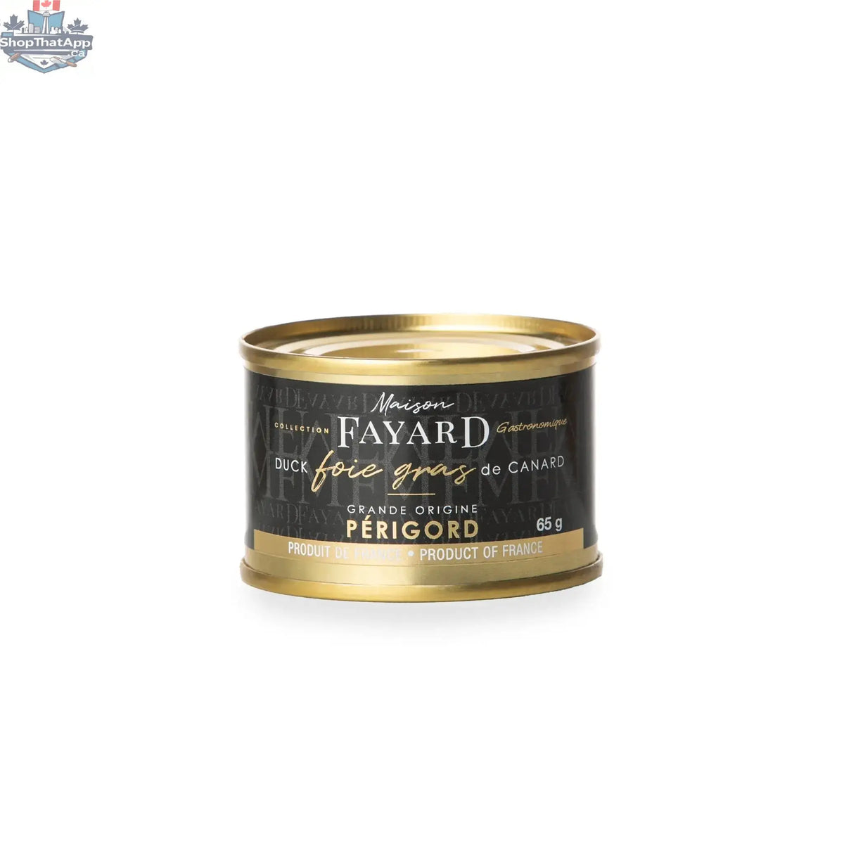 Slice of Maison Fayard Périgord foie gras de canard, artisanally prepared, shown on a plate, non-refrigerated gourmet product.