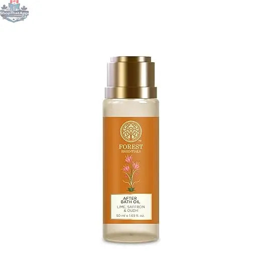 Forest Essentials after bath oil with lime, saffron, and oudh in a 50ml bottle, featuring a luxurious herbal scent.